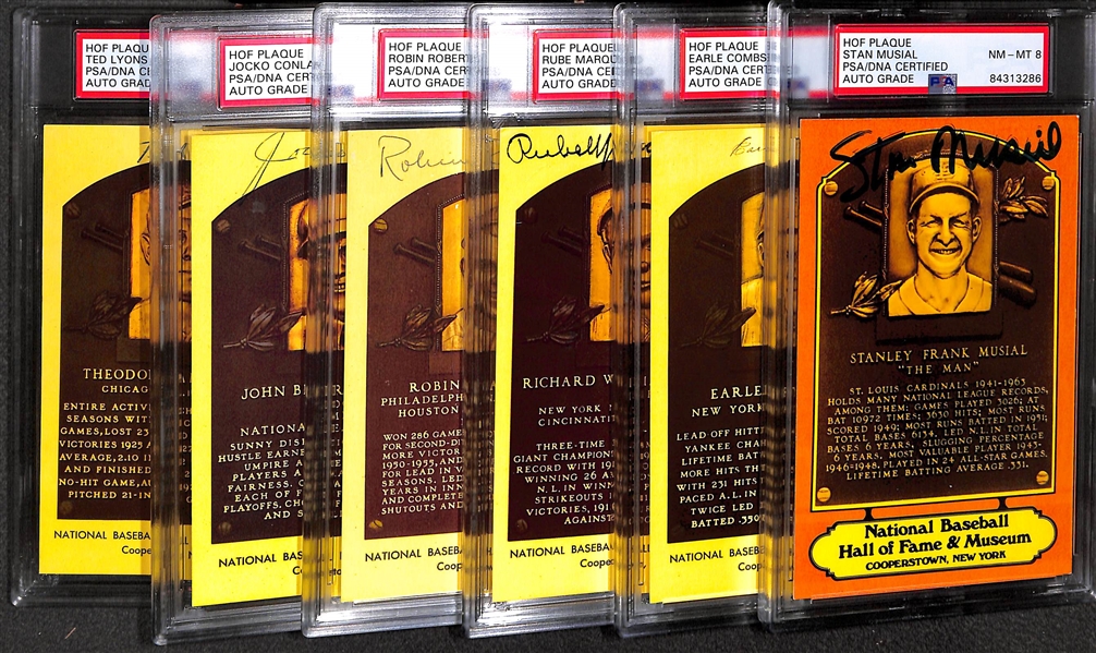 Lot of (6) PSA/DNA Slabbed HOF Plaque Cards (Musial, Combs, Marquard, Roberts, Conlan, Lyons)