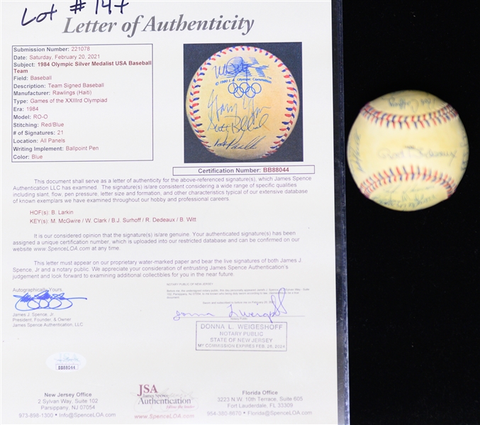 1984 US Olympic Team Signed Baseball w. Mark McGwire, Will Clark, + (Full JSA Letter) - 21 Signatures