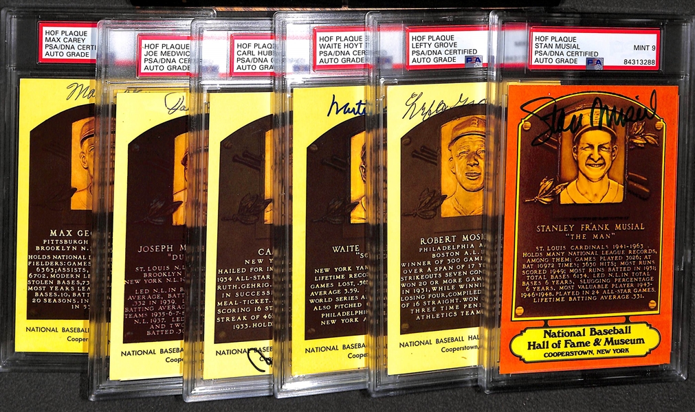 Lot of (6) PSA/DNA Slabbed HOF Plaque Cards (Musial, Grove, Hoyt, Hubbell, Medwick, Carey)