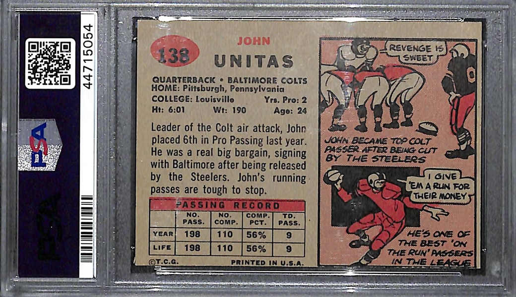 Pack Fresh 1957 Topps Johnny Unitas #138 Rookie Card PSA 4 w. Amazing Eye Appeal (Near Perfect Color and Edges/Corners)