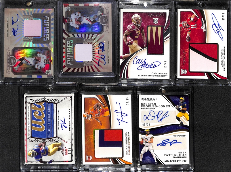 (7) 2020 Football Rookie Autographs - (2) Jalen Hurts, Cam Akers, Jake Fromm, Josh Kelley, Isaiah Simmons, and Patterson/Peoples-Jones Dual