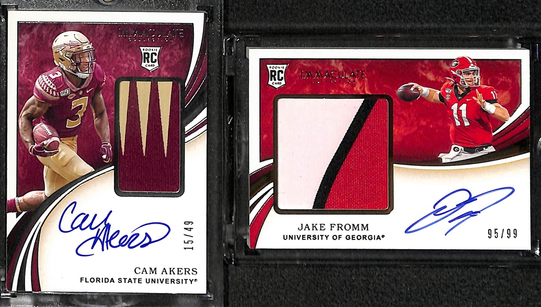 (7) 2020 Football Rookie Autographs - (2) Jalen Hurts, Cam Akers, Jake Fromm, Josh Kelley, Isaiah Simmons, and Patterson/Peoples-Jones Dual