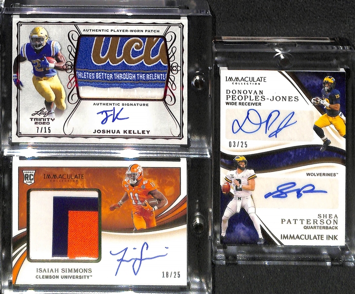 (7) 2020 Football Rookie Autographs - (2) Jalen Hurts, Cam Akers, Jake Fromm, Josh Kelley, Isaiah Simmons, and Patterson/Peoples-Jones Dual