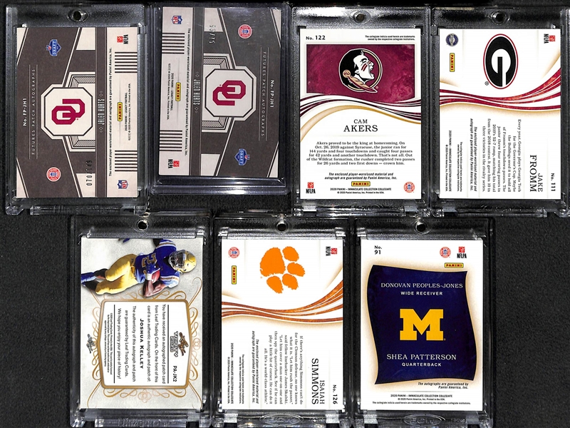 (7) 2020 Football Rookie Autographs - (2) Jalen Hurts, Cam Akers, Jake Fromm, Josh Kelley, Isaiah Simmons, and Patterson/Peoples-Jones Dual