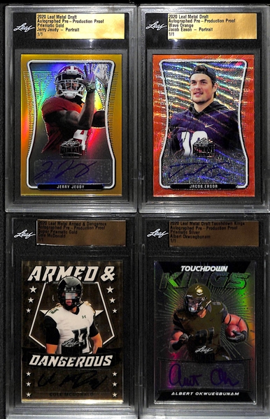 (4) 2020 Leaf Metal Autographed Proofs (All #ed 1/1) - Jerry Jeudy, Jacob Eason, Cole McDonald, Albert Okwuegbunam
