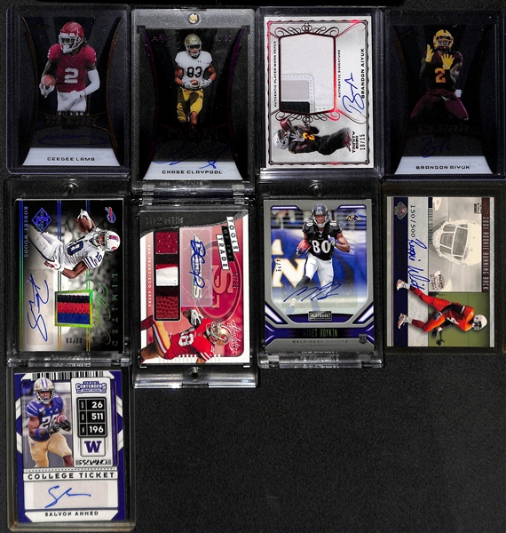 (9) Football Autograph Cards w. Ceedee Lamb, Chase Claypool, (2) Brandon Aiyuk, Robert Woods, Dante Pettis, Miles Boykin, +