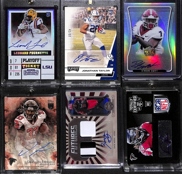 (6) Autograph Rookies - 2017 Contenders L. Fournette (#4/15), 2020 Jonathan Taylor #42/50, 2020 D'Andre Swift #43/60, 2020 Zach Moss #19/100, (2) Devonta Freeman