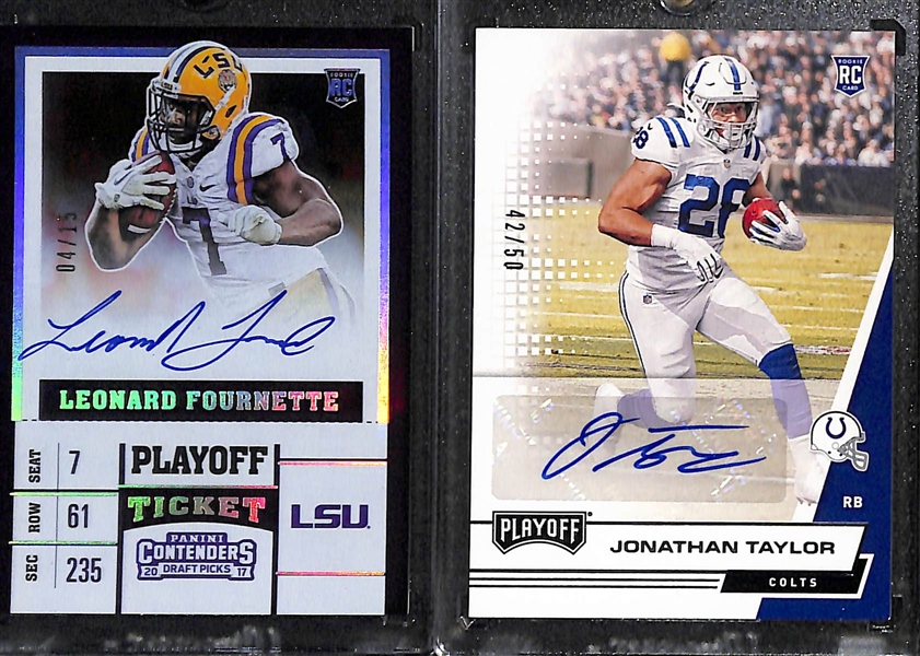 (6) Autograph Rookies - 2017 Contenders L. Fournette (#4/15), 2020 Jonathan Taylor #42/50, 2020 D'Andre Swift #43/60, 2020 Zach Moss #19/100, (2) Devonta Freeman