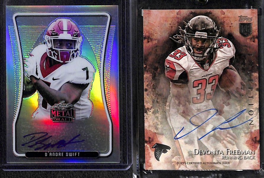 (6) Autograph Rookies - 2017 Contenders L. Fournette (#4/15), 2020 Jonathan Taylor #42/50, 2020 D'Andre Swift #43/60, 2020 Zach Moss #19/100, (2) Devonta Freeman