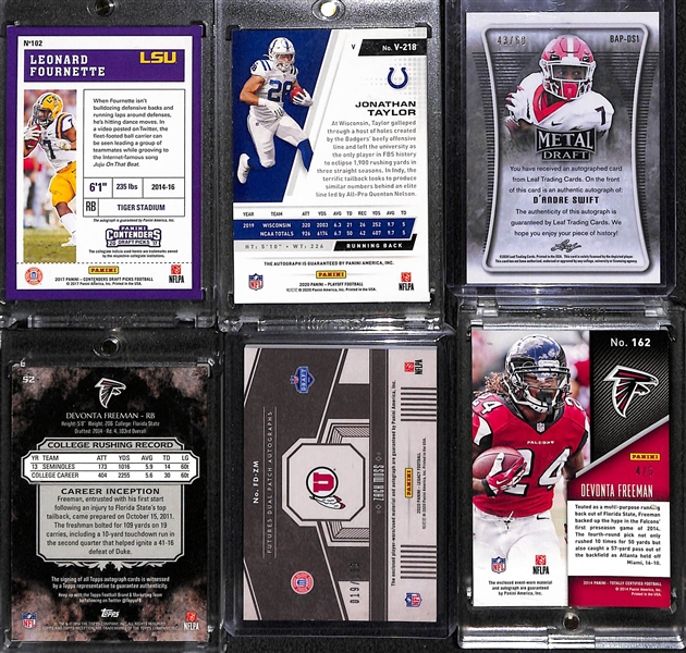 (6) Autograph Rookies - 2017 Contenders L. Fournette (#4/15), 2020 Jonathan Taylor #42/50, 2020 D'Andre Swift #43/60, 2020 Zach Moss #19/100, (2) Devonta Freeman