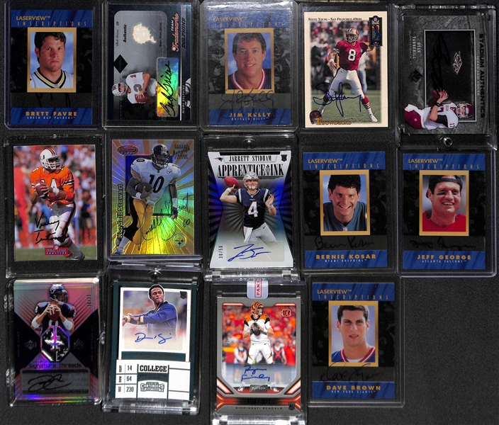 (14) Quarterback Autograph Cards w. Favre, Griese, Jim Kelly, Steve Young, R Tannehill, Testaverde, K. Stewart, J Stidham, Kosar, +