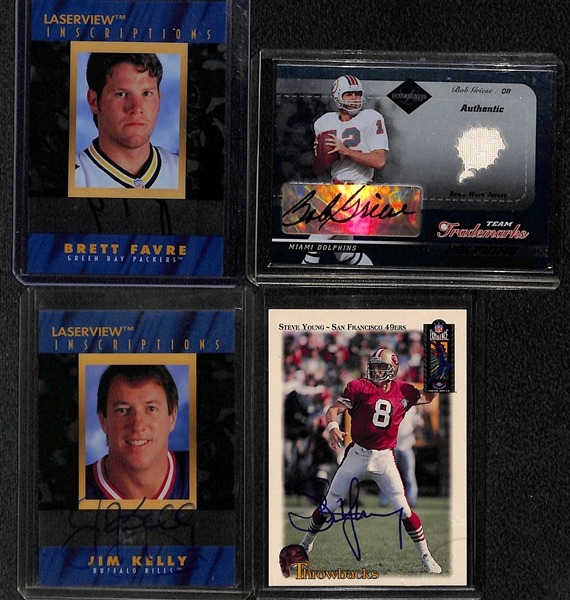 (14) Quarterback Autograph Cards w. Favre, Griese, Jim Kelly, Steve Young, R Tannehill, Testaverde, K. Stewart, J Stidham, Kosar, +