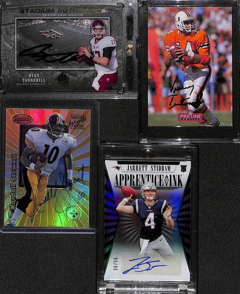 (14) Quarterback Autograph Cards w. Favre, Griese, Jim Kelly, Steve Young, R Tannehill, Testaverde, K. Stewart, J Stidham, Kosar, +