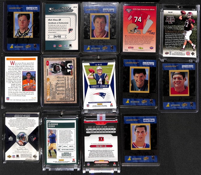 (14) Quarterback Autograph Cards w. Favre, Griese, Jim Kelly, Steve Young, R Tannehill, Testaverde, K. Stewart, J Stidham, Kosar, +