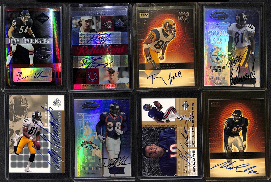 (8) Football Autograph Cards w. Brian Urlacher #ed/25, Peyton Manning/Marc Bulger Dual Auto, Torry Holt, +
