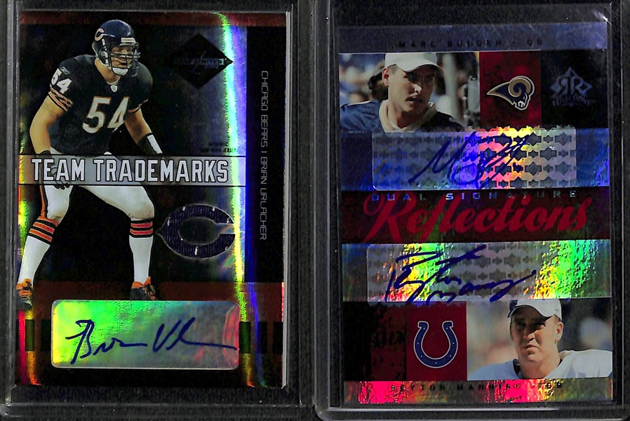 (8) Football Autograph Cards w. Brian Urlacher #ed/25, Peyton Manning/Marc Bulger Dual Auto, Torry Holt, +