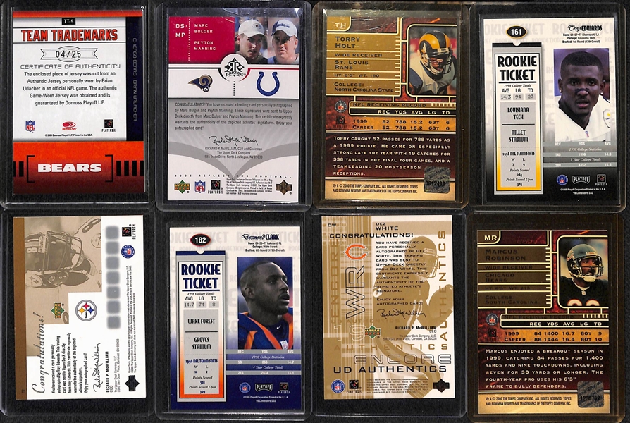(8) Football Autograph Cards w. Brian Urlacher #ed/25, Peyton Manning/Marc Bulger Dual Auto, Torry Holt, +