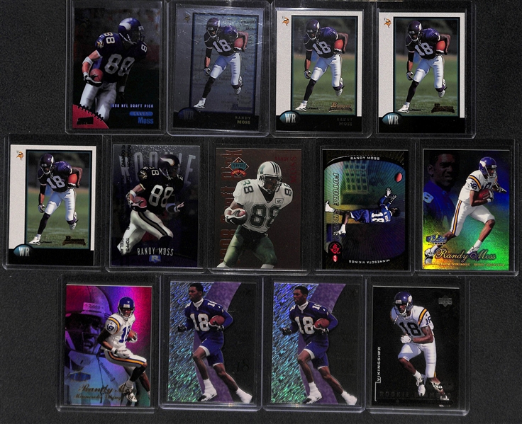 (13) Randy Moss Rookies - TSC Chrome #ed/150, Bowman Foil, (3) Bowman, Finest, Playoff Draft Pick, UD3, (2) Flair, (2) EX-2001, UD Black Diamond 