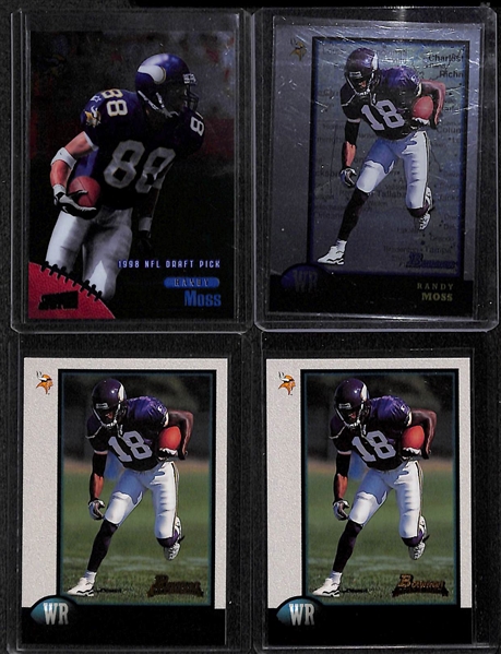 (13) Randy Moss Rookies - TSC Chrome #ed/150, Bowman Foil, (3) Bowman, Finest, Playoff Draft Pick, UD3, (2) Flair, (2) EX-2001, UD Black Diamond 