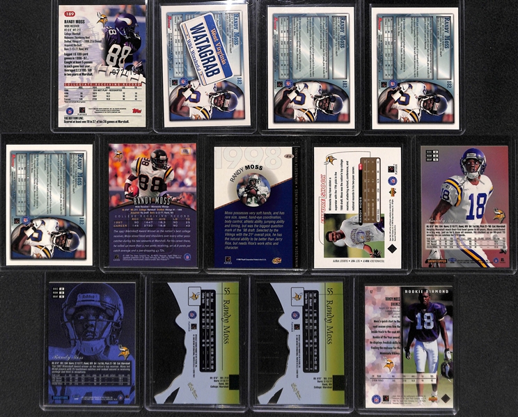 (13) Randy Moss Rookies - TSC Chrome #ed/150, Bowman Foil, (3) Bowman, Finest, Playoff Draft Pick, UD3, (2) Flair, (2) EX-2001, UD Black Diamond 