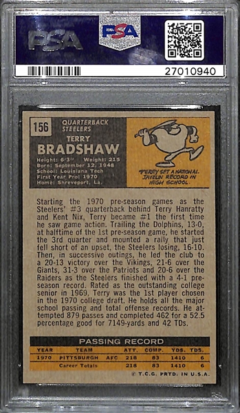 Pack Fresh 1971 Topps Terry Bradshaw #156 Rookie Card Graded PSA 8 w. Amazing Eye Appeal (Centered and Near Perfect Corners/Edges)