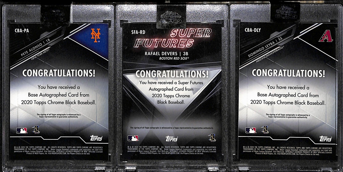 Lot of (3) 2020 Topps Chrome Black Autographed Cards - Peter Alonso #ed/99, Rafael Devers #ed/99, and Domingo Leyba Rookie #ed/25
