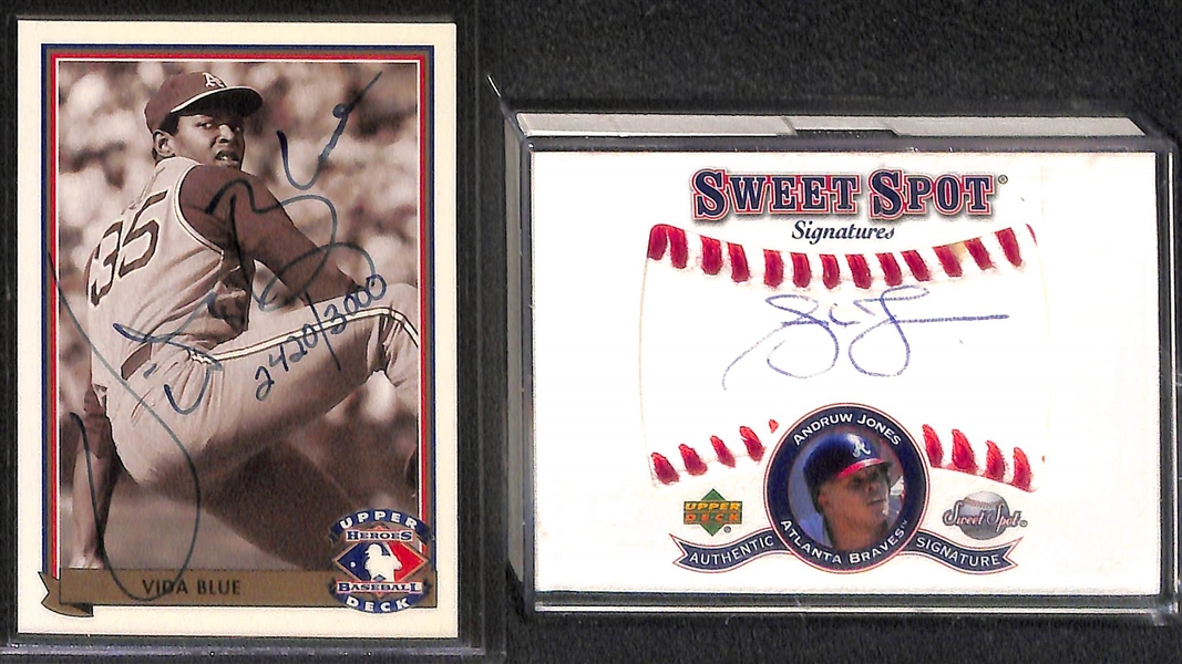 Lot of (6) Baseball Autographed Cards w. Nolan Ryan, Alex Rodriguez, Tony Oliva, Mark Teixeira, Vida Blue, Andruw Jones
