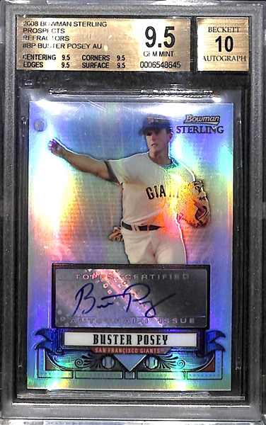 2008 Bowman Sterling Prospects Refractors Buster Posey Autographed Rookie Card Graded BGS 9.5, Autograph Grade 10