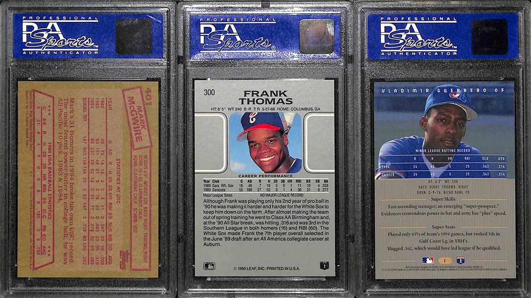 Lot of 3 Graded Baseball Rookie Cards - 1985 Topps McGwire, 1990 Leaf Thomas, 1995 Bowman's Best Guerrero - PSA 8s & 9