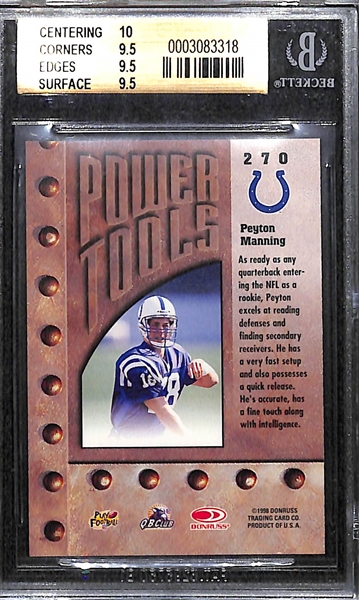 Peyton Manning 1998 Leaf Rookies & Stars #270 Rookie Card (No Protector) Graded BGS 9.5 Gem Mint w. (3) 9.5 and (1) 10 Subgrades