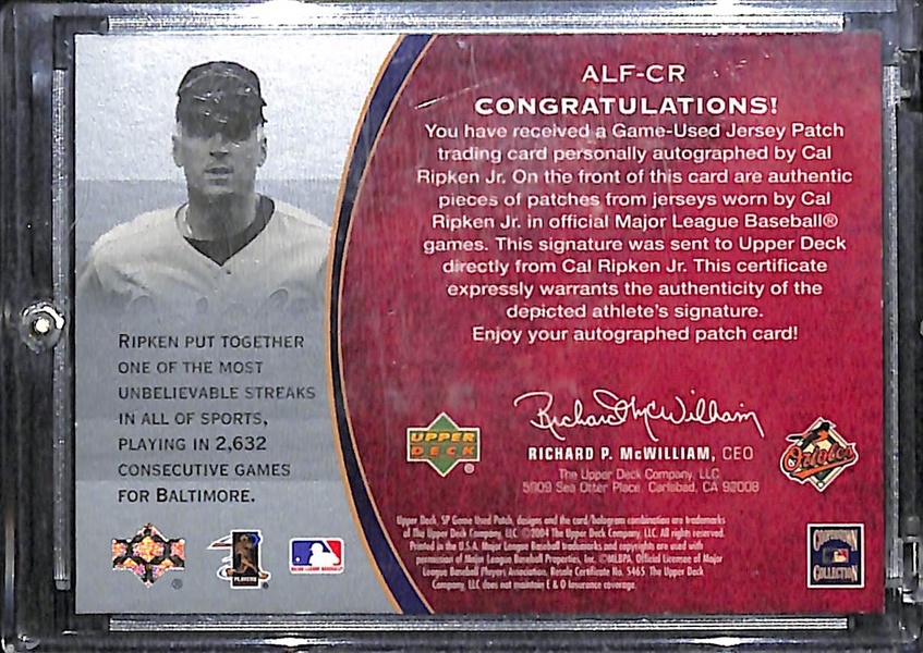 2004 Upper Deck SP Game-Used Patch Cal Ripken Legendary Fabrics Autograph Patch Cards #1/25