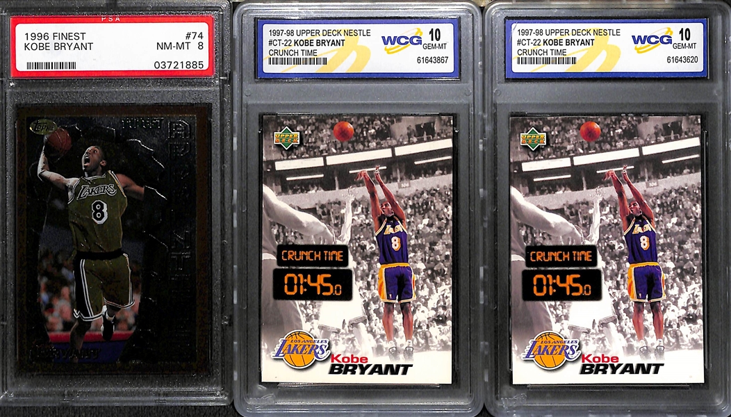 1996-97 Topps Finest Kobe Bryant #74 Rookie Graded PSA 8 and (2) 1997-98 UD Nestle Crunch Time Cards 