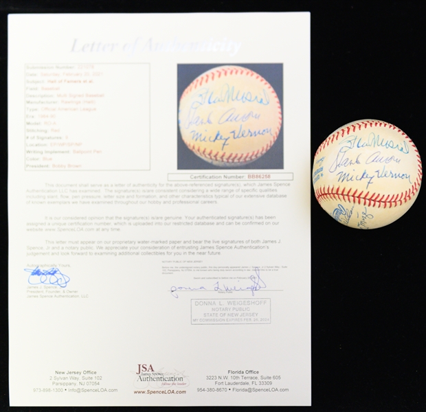 Baseball Legend Signed Official AL Baseball w. Aaron, Musial, Kaline, Yaz, L. Appling, P. Rose, Mize, B. Williams, Vernon (JSA LOA)