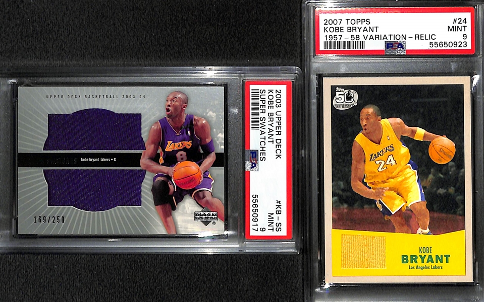 Lot Detail - Kobe Bryant Jersey Card PSA 9 Lot (2) - 2003 Upper Deck Super  Swatches (#/250) & 2007 Topps 50th Anniversary