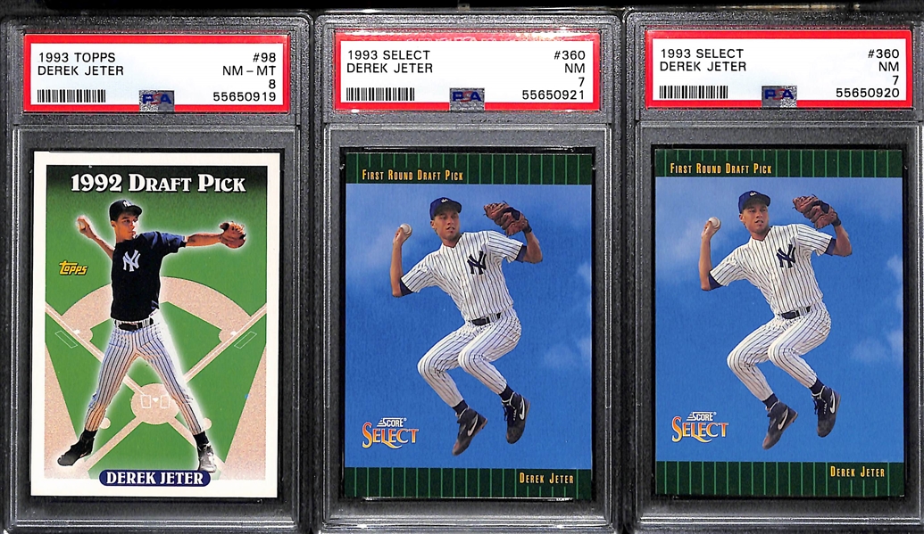 (3) Derek Jeter Rookies - 1993 Topps PSA 8 & (2) 1993 Select PSA 7