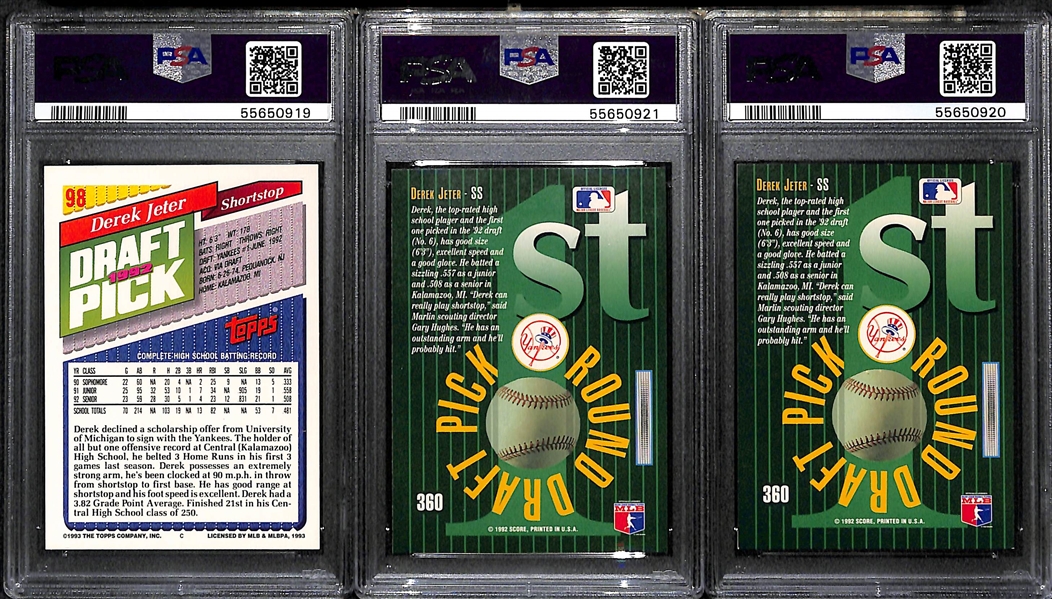 (3) Derek Jeter Rookies - 1993 Topps PSA 8 & (2) 1993 Select PSA 7