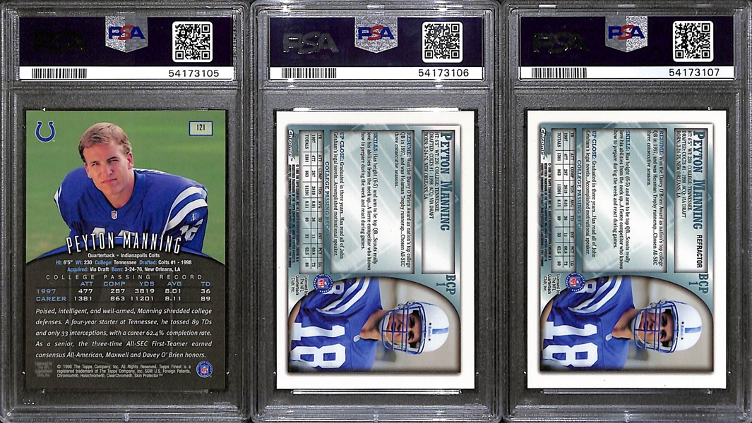 Peyton Manning 1998 Rookie Lot - Topps Chrome Preview PSA 8, Topps Chrome Preview Refractor PSA 7, Finest PSA 7
