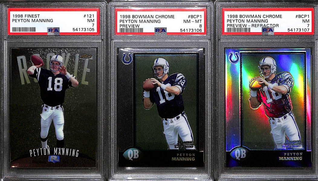 Peyton Manning 1998 Rookie Lot - Topps Chrome Preview PSA 8, Topps Chrome Preview Refractor PSA 7, Finest PSA 7