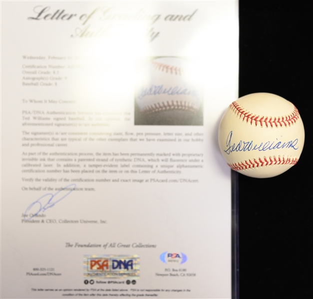 Ted Williams Single Signed Rawlings OAL Baseball PSA/DNA Graded 8.5 (Auto Grade 9, Ball Grade 8) w. Steiner Sticker