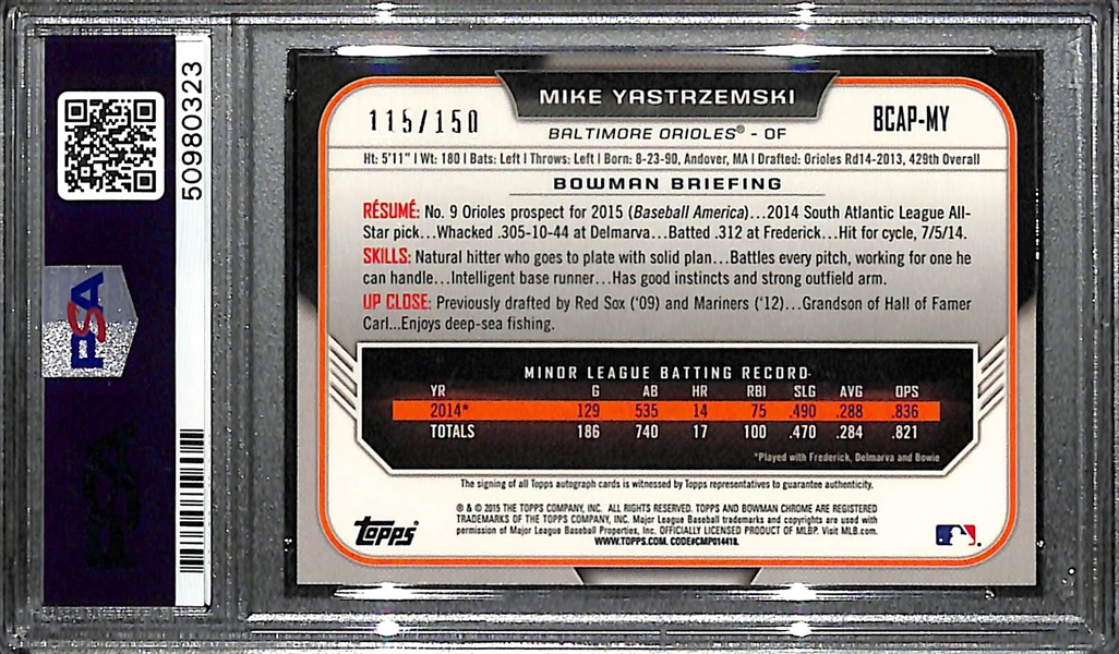 2015 Bowman Chrome Mike Yastrzemski Autograph Rookie Blue Refractor Graded PSA 9 Mint