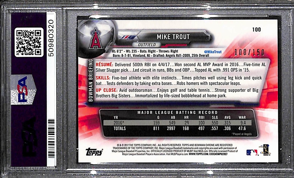 2017 Bowman Chrome Mike Trout #100 Blue Refractor Graded PSA 9 Mint