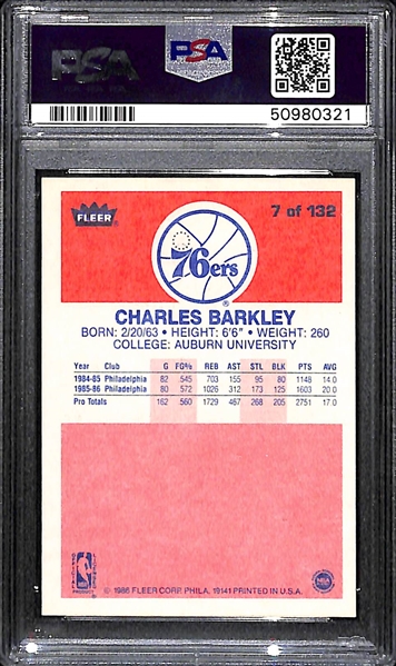 1986-87 Fleer Charles Barkley #7 HOF Rookie Graded PSA 7 NM