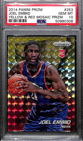 2014 Panini Prizm Joel Embiid Yellow & Red Mosaic Prizm #253 PSA 10