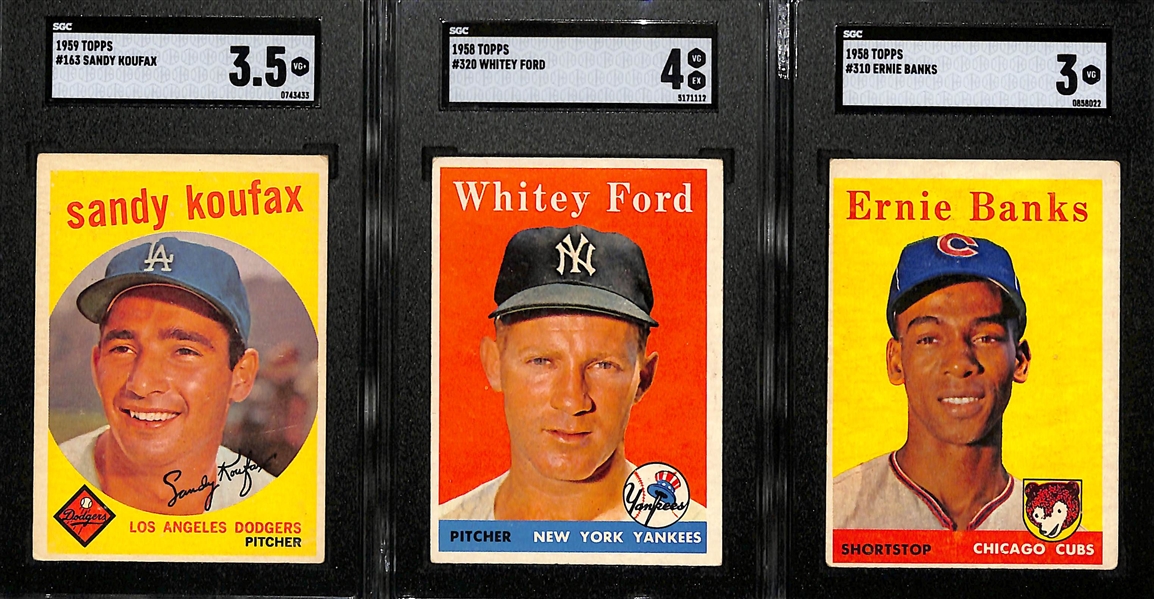 Lot of (3) 1958/59 Topps SGC Graded Cards w. Hall of Fame Players Koufax, Ford, Banks
