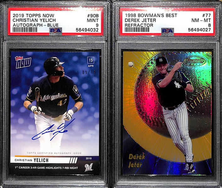 2019 Topps Now Christian Yelich Autograph (PSA 9) and 1998 Bowman's Best Derek Jeter #77 Refractor #ed/400 PSA 8!