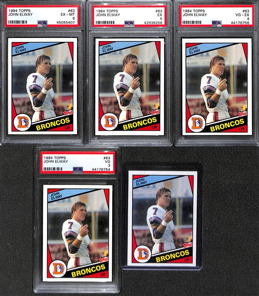 Lot of (5) 1984 Topps John Elway Rookies - PSA 6, PSA 5, PSA 4, PSA 3, and Ungraded w. Pinhole