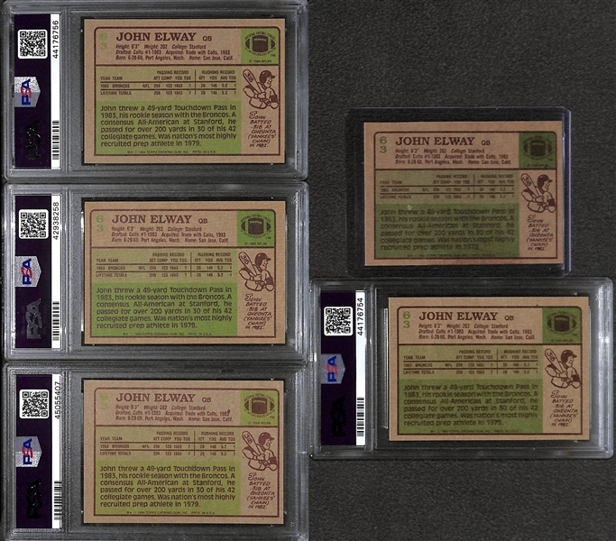 Lot of (5) 1984 Topps John Elway Rookies - PSA 6, PSA 5, PSA 4, PSA 3, and Ungraded w. Pinhole