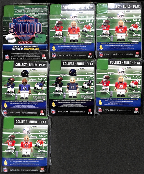 Lot of (7) Oyo Minifigures New in Boxes w. (2) Tom Brady, Gronkowski, Ed Reed, B. Urlacher, Woodhead, Welker