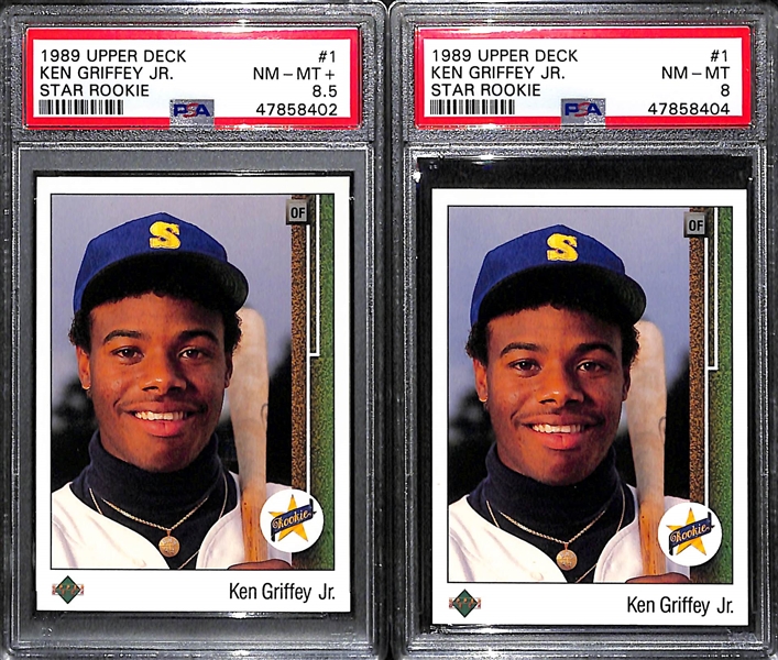Lot of (2) 1989 Upper Deck Ken Griffey Jr. #1 Rookie Cards - PSA 8.5 and PSA 8