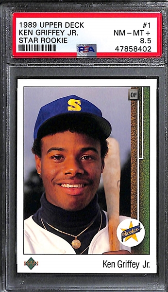 Lot of (2) 1989 Upper Deck Ken Griffey Jr. #1 Rookie Cards - PSA 8.5 and PSA 8